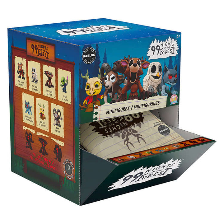 99 Nights In The Forest Collectable Minifigures display box featuring collectible figures and vibrant artwork.