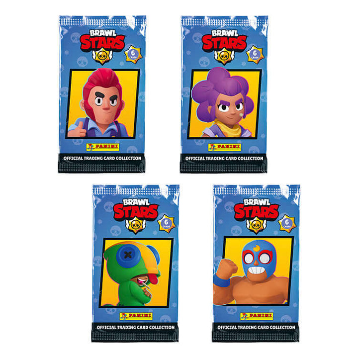 Brawl Stars Trading Card Collection packs featuring El Primo, Spike, and Poco by Panini, showcasing collectible characters.