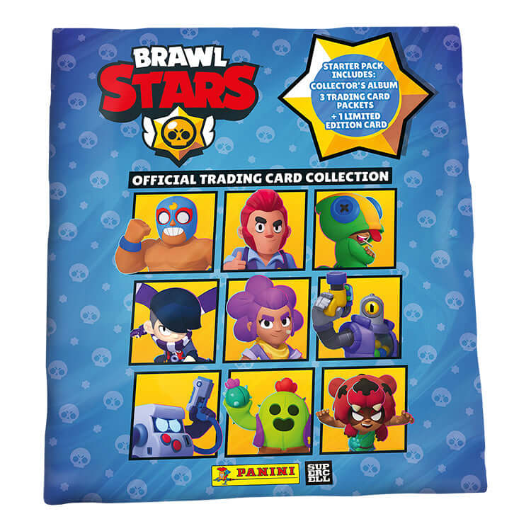 Brawl Stars official trading card collection starter pack by Panini featuring character artwork and details.