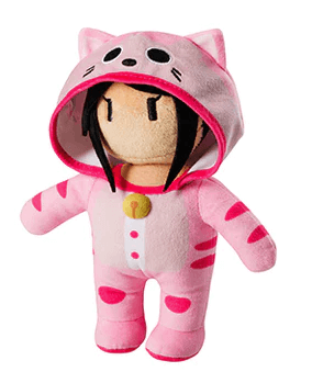 Stumble Guys 8-inch Plush Buddies featuring a pink cat character plush toy with hood and stripes.