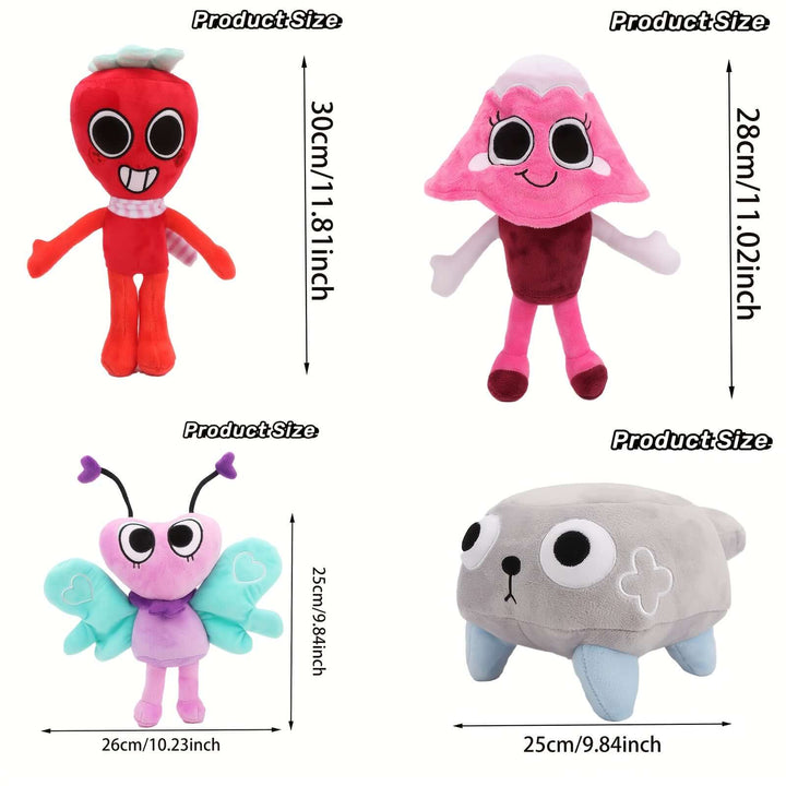 Dandy's World Plush collection featuring four adorable stuffed animals in vibrant colors and fun designs.