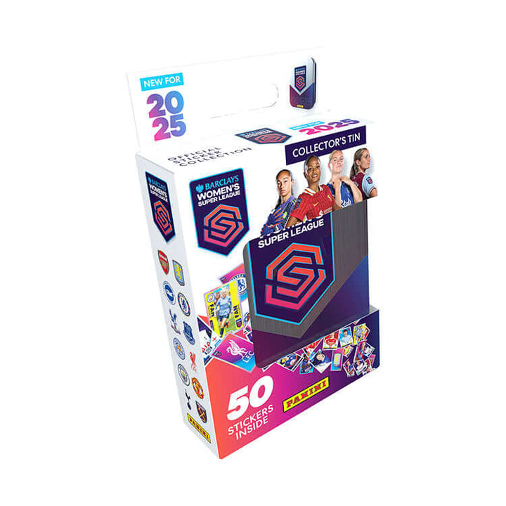 Barclays WSL Official Sticker Collection 2025 collector's tin with 50 stickers inside, featuring women's football players.