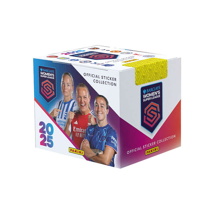 Barclays WSL Official Sticker Collection 2025 box featuring players from the league and Panini branding.