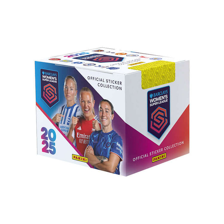 Barclays WSL Official Sticker Collection 2025 box featuring players from the league and Panini branding.