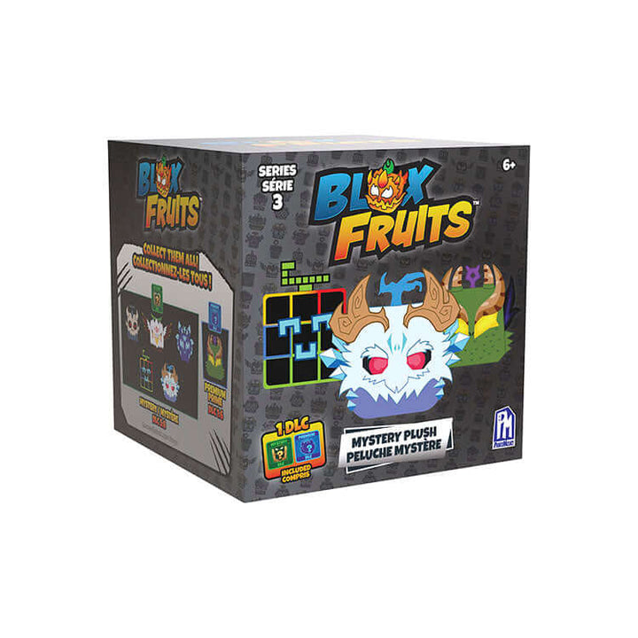 Blox Fruits 8" Collectable Plush Series 3 surprise box featuring colorful character designs and DLC code.