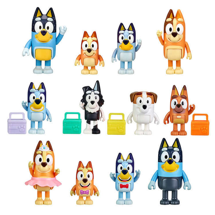 Bluey Series 1 Figure 4Pk showcasing Bluey, Bingo, Chilli, Bandit, and other fun figures for imaginative play.