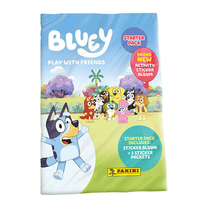 Bluey 'Play With Friends' starter pack featuring a sticker album and packets from Panini.