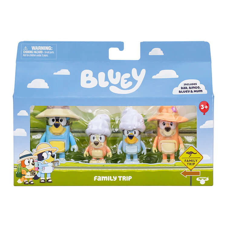 Bluey Series 11 Figure 4 Pack featuring characters from the Family Trip set in collectible packaging.