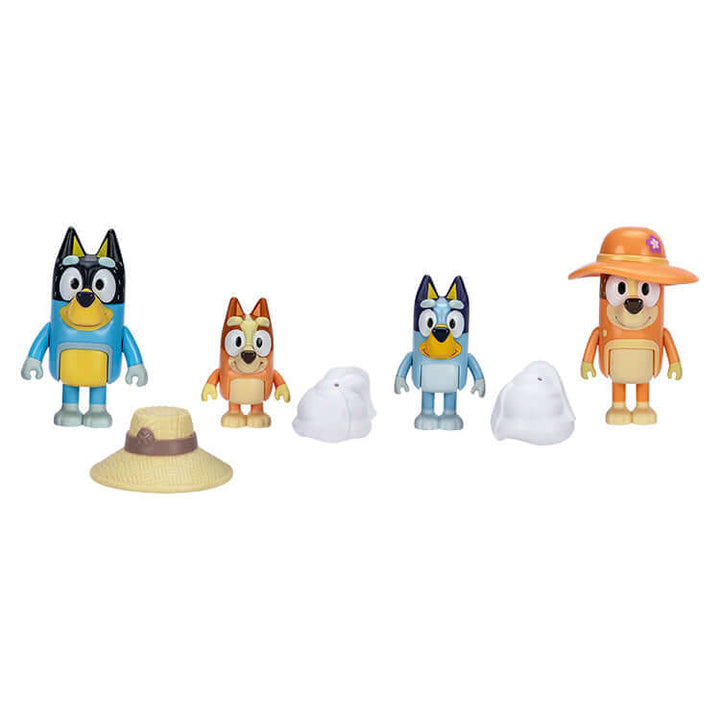 Bluey Series 11 Figure 4 Pack featuring Bluey, Bingo, and friends with accessories for imaginative play.