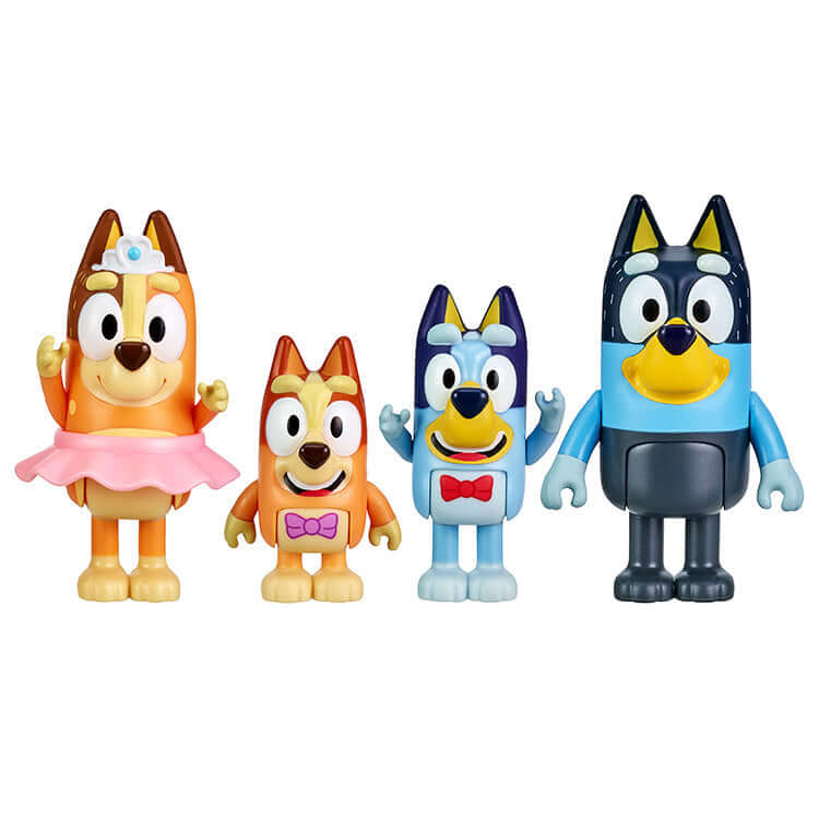 Bluey Series 1 Figure 4Pk featuring Bluey, Bingo, Chilli and Bandit in a family pack of articulated figures.