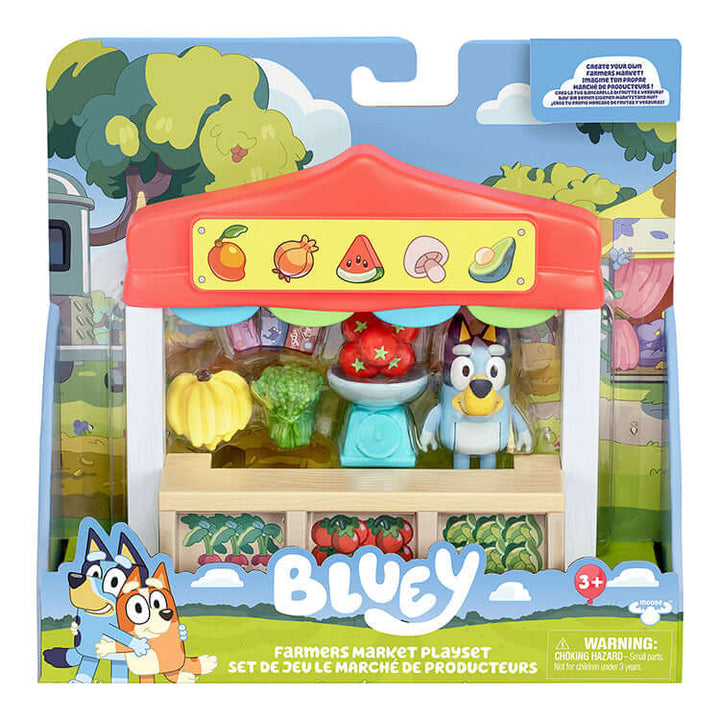Bluey Series 10 Mini Playset featuring the Farmers Market Playset with figures and accessories.