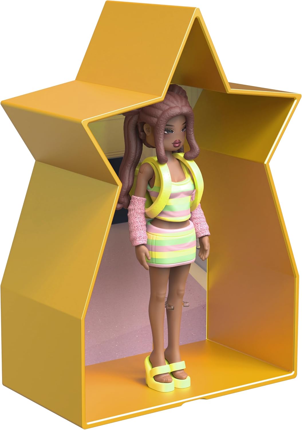 Dress To Impress Mystery Doll in a star-shaped display capsule, showcasing vibrant outfit and stylish hair.