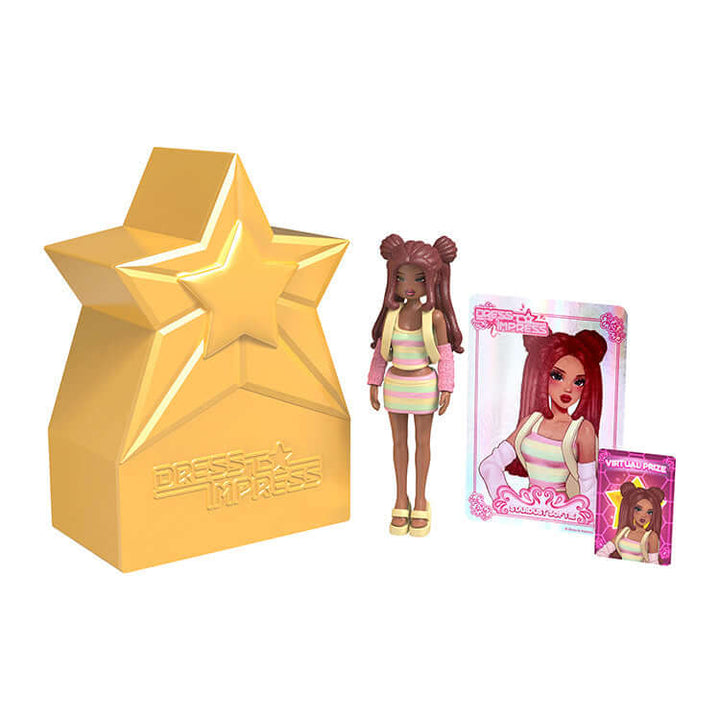 Dress to Impress Series 1 Mystery Doll Pack featuring posable model, star trophy, and collector cards.