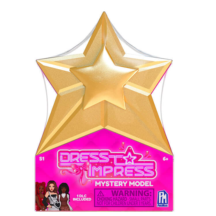 Golden star-shaped packaging for Dress to Impress Mystery Model Doll, perfect for fashion play and display.