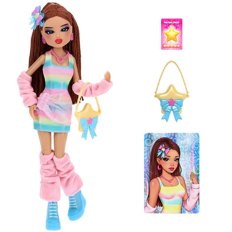 Dress To Impress Series 1 Fashion Doll Stardust Softie showcasing her rainbow dress and stylish accessories.
