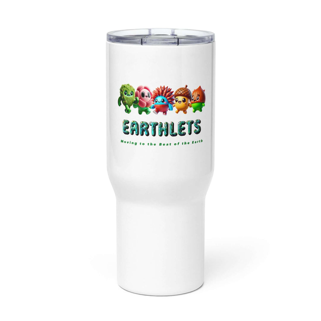 Earthlets Travel mug with a handle featuring colorful characters and eco-friendly message.