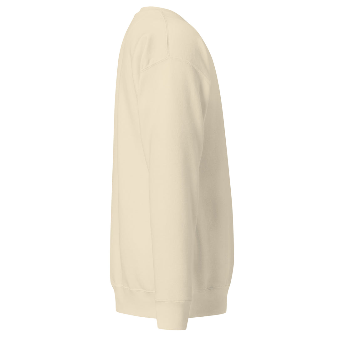 Side view of Earthlets unisex premium sweatshirt in cream color showcasing classic silhouette and ribbed cuffs.