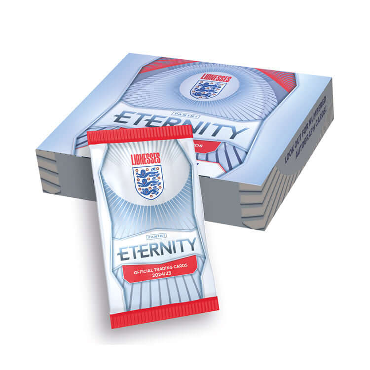 Eternity Lionesses 2024/25 official trading cards pack displayed with box, featuring England Women's team graphics.