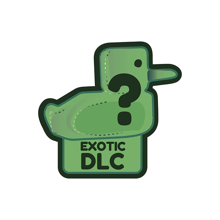 Colorful green duck-shaped sticker with a question mark, labeled 'Exotic DLC' for mystery fan items.