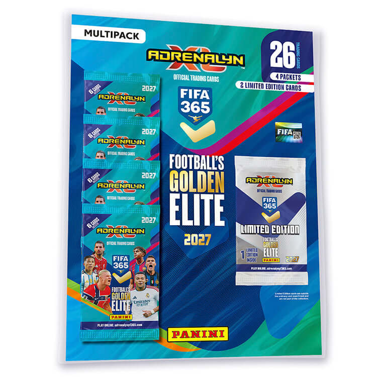 FIFA 365 2026 27 Adrenalyn XL Trading Cards multipack featuring 4 packets and limited edition cards from Panini.
