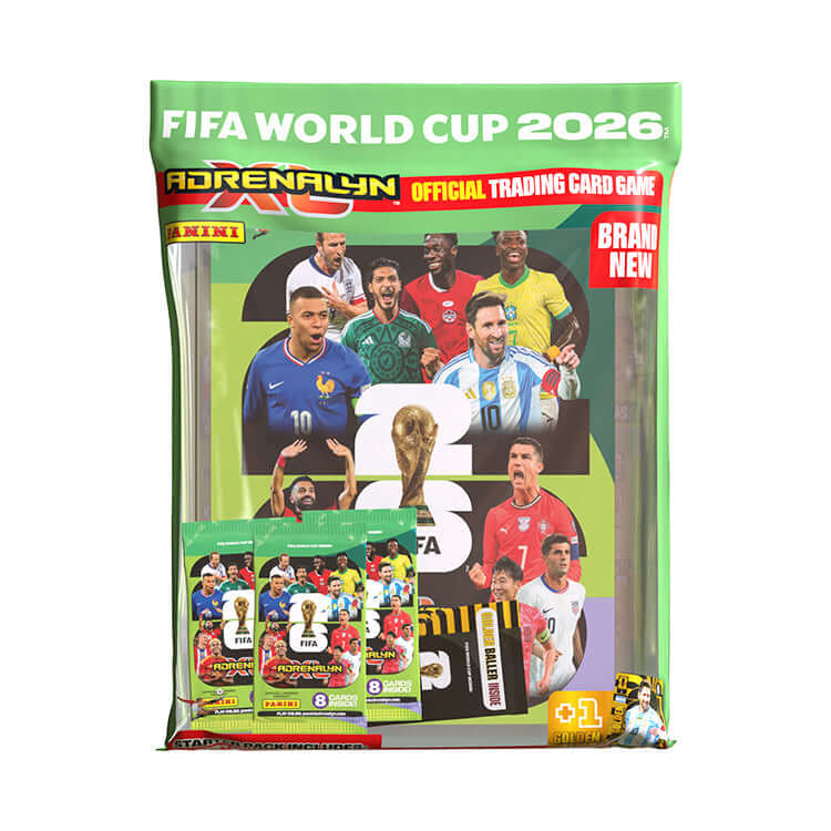 FIFA World Cup 2026 Adrenalyn XL Official Trading Cards pack with players and trophy design.