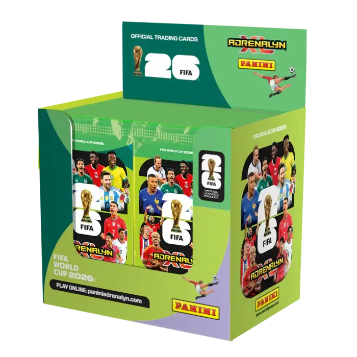 FIFA World Cup 2026 Official Trading Cards Adrenalyn XL collectible box featuring player images and tournament logo.
