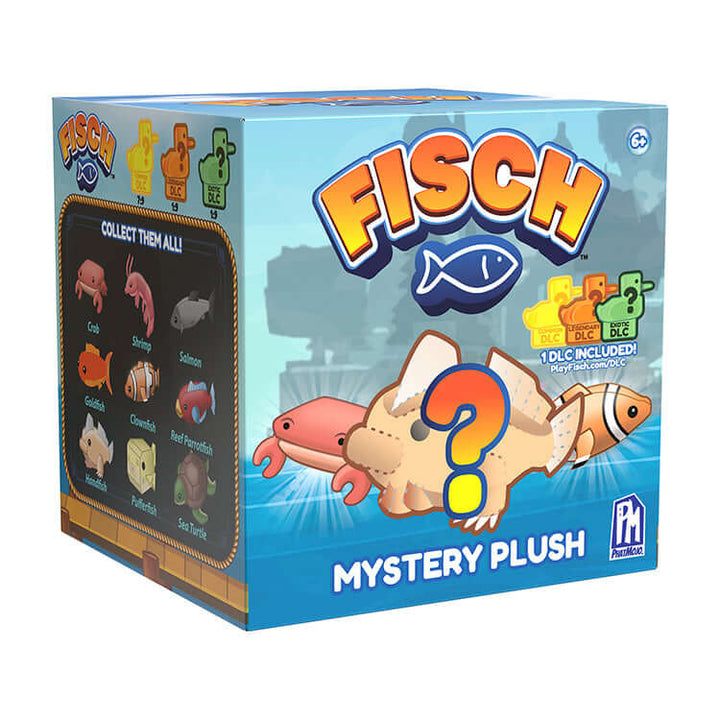 Fisch Mystery Plush collectible box featuring unique sea creatures like Crab and Goldfish, with DLC code included.