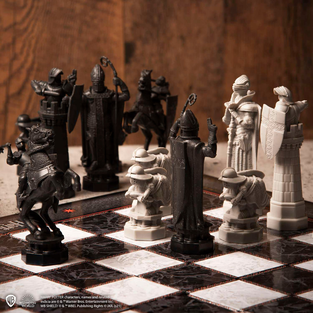 Harry Potter chess set featuring detailed figures in a chess match, inspired by the scene from Harry Potter and the Philosopher's Stone.