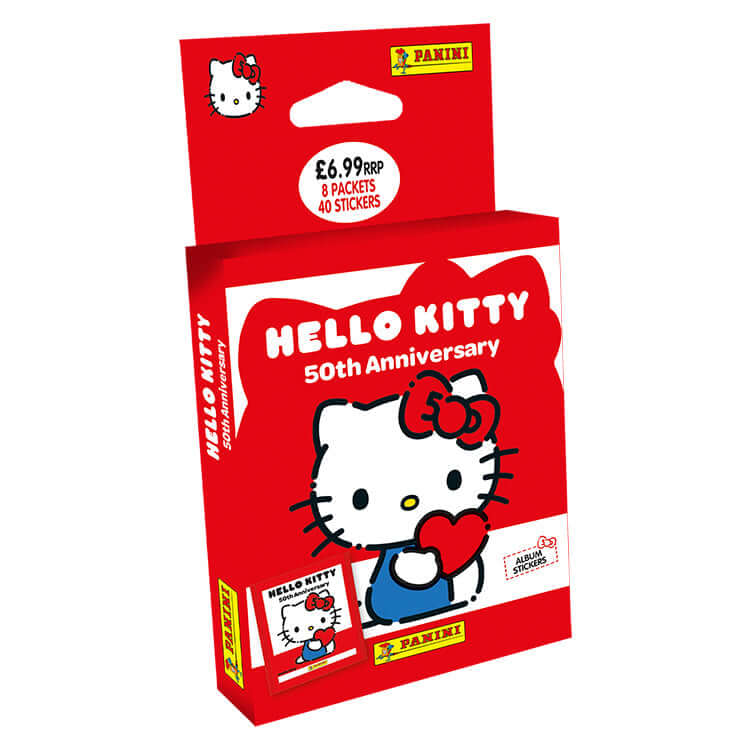 Hello Kitty 50th Anniversary Sticker Collection pack by Panini, featuring colorful designs and themes.
