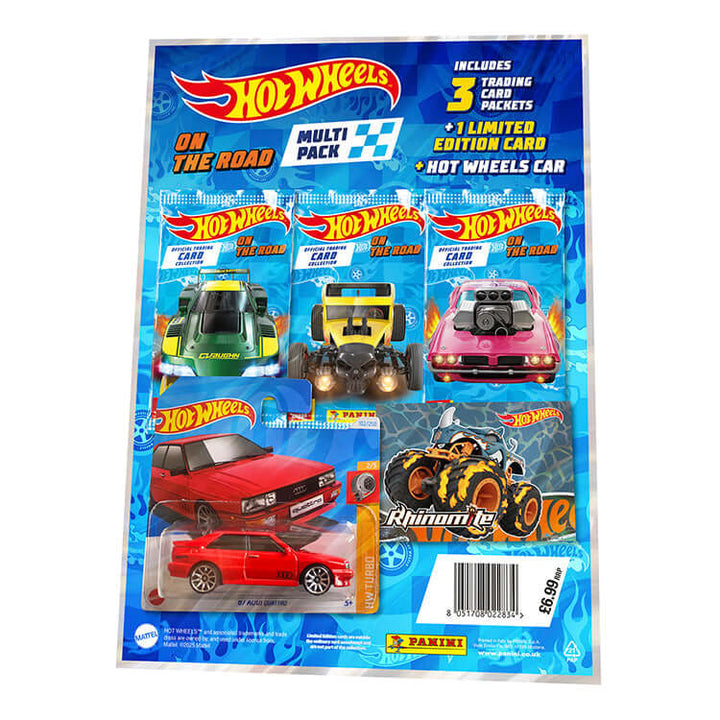 Hot Wheels On The Road multi-pack featuring trading card packets, limited edition card, and collectible cars.