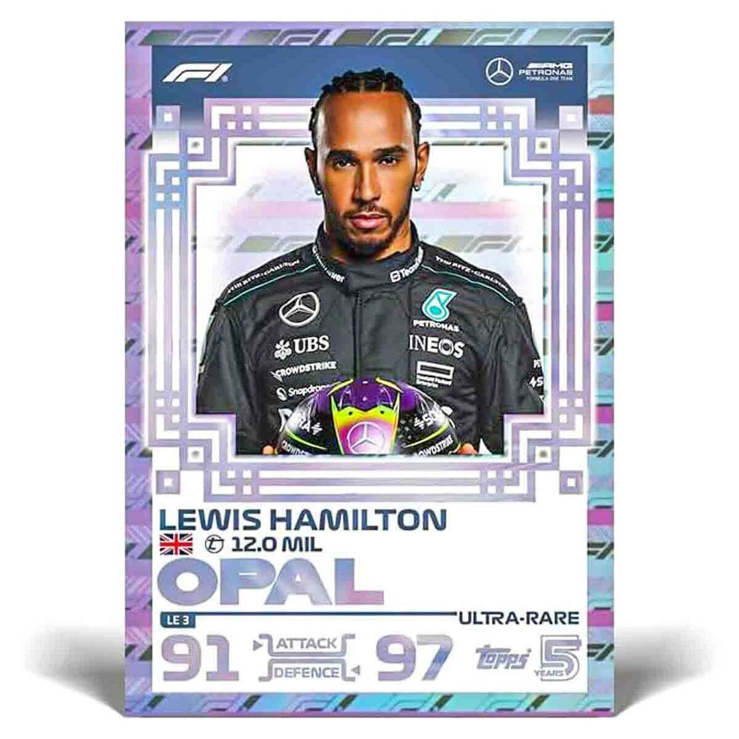 Turbo Attax Official Formula 1 Trading Card Game 2024 Lewis Hamilton ultra-rare card featuring attack and defence stats.