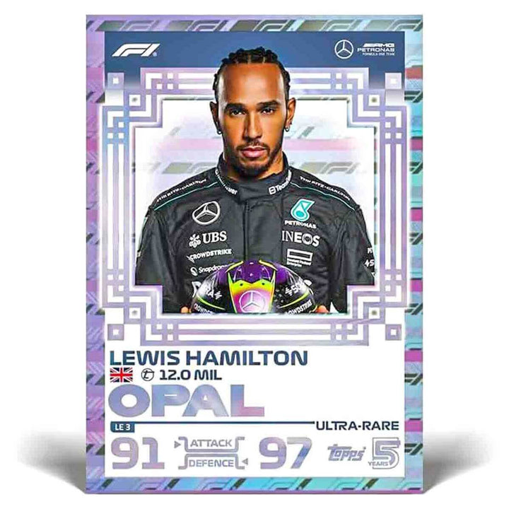 Turbo Attax Official Formula 1 Trading Card Game 2024 Lewis Hamilton ultra-rare card featuring attack and defence stats.