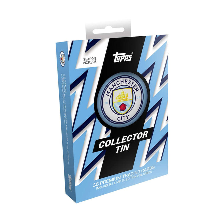Manchester City Collectors Tin - 2025-26 featuring 35 premium trading cards with club logo on a stylish blue background.