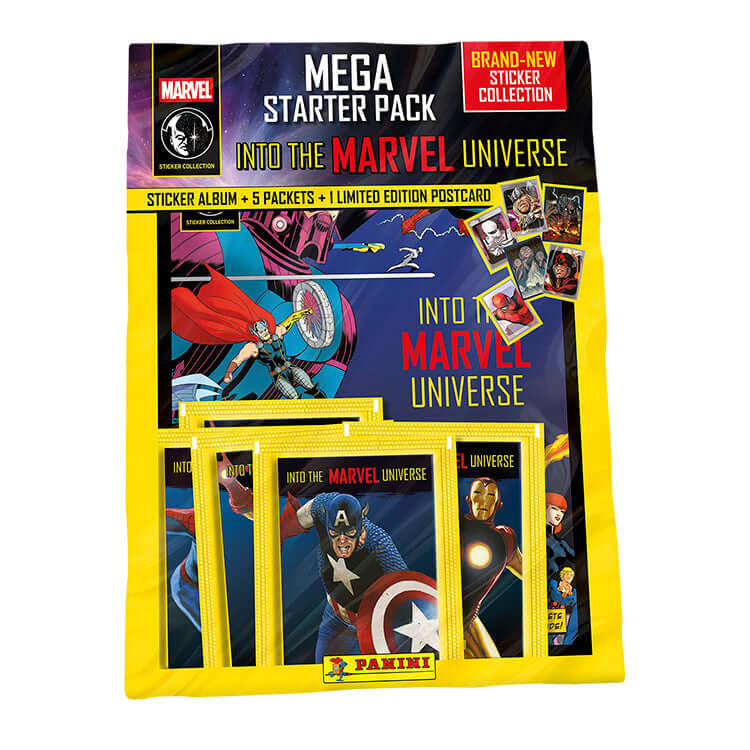 Marvel Universe Mega Starter Pack featuring sticker album, 5 packets, and a limited edition postcard from Panini.