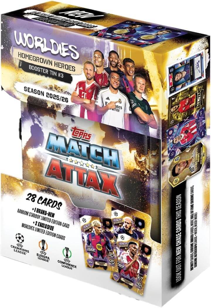 Match Attax 25/26 - Booster Tins featuring Worldies and Homegrown Heroes, with 28 collectible cards.