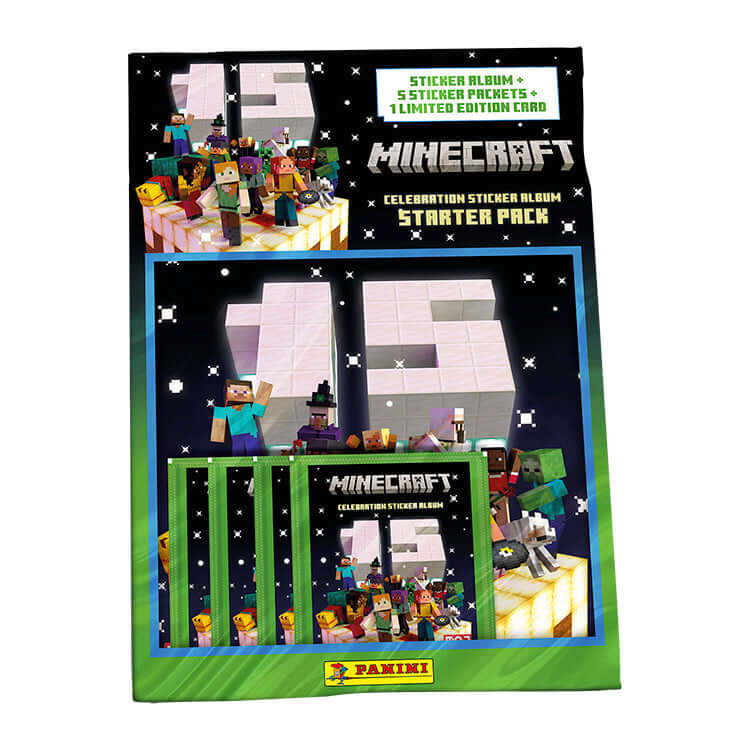 Minecraft Sticker Collection 15 Celebration starter pack with sticker album and limited edition card.