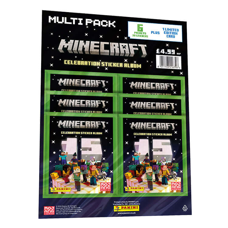 Minecraft Sticker Collection featuring a multi-pack of celebration sticker albums and collectible stickers.