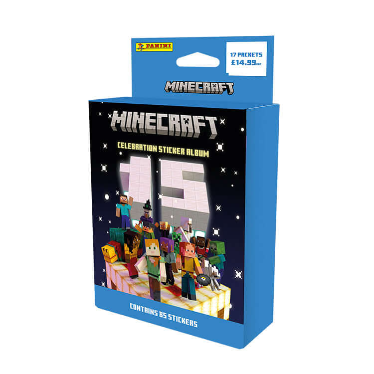 Minecraft Sticker Collection 15 Celebration album featuring popular characters and 85 collectible stickers.