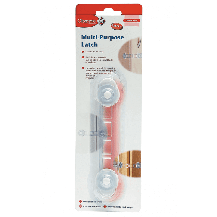 Mini Multi-Purpose Safety Latches packaging on a card for childproofing cupboards and drawers.
