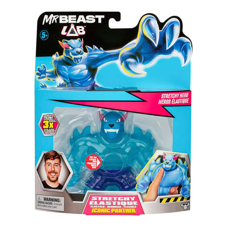 MrBeast Lab Goo Jit Zu Iconic Panther in packaging showcasing stretchy hero toy for kids.