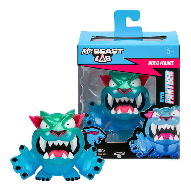 Mr Beast Lab Vinyl Figure Camo Panther in packaging, showcasing detailed design and vibrant colors.
