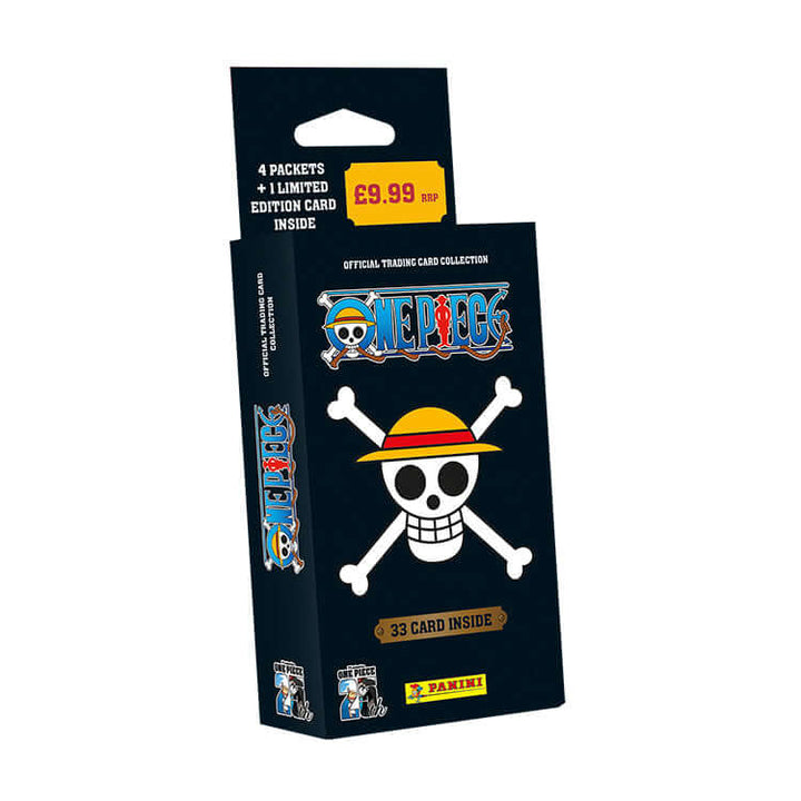 One Piece Trading Card Collection box with pirate skull logo, 33 cards inside, Panini edition.