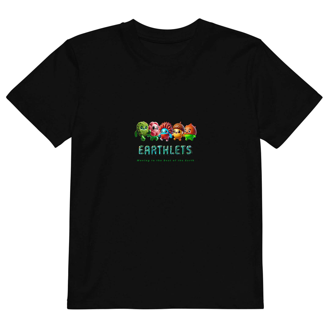 Earthlets organic cotton kids t-shirt in black featuring colorful cartoon characters and eco-friendly branding.