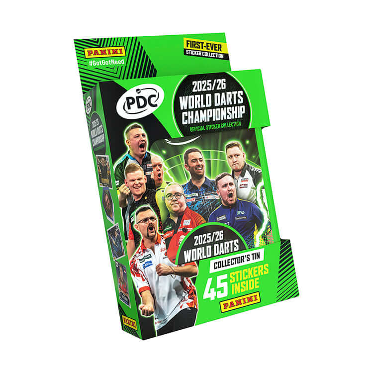 PDC 2026 World Championship Darts Sticker Collection featuring collectors tin with 45 stickers inside from Panini.