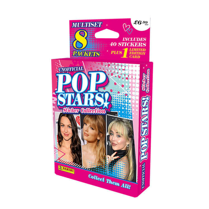 Pop Stars Sticker Collection by Panini, featuring 8 packets, 40 stickers, and a limited edition card.