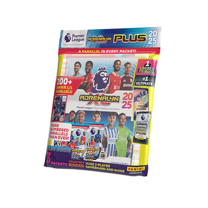 Premier League 2025 Adrenalyn XL PLUS pack featuring trading cards, binder, and game details for collectors and fans.