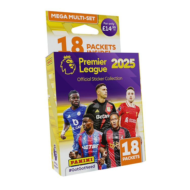 Premier League 2025 Official Sticker Collection Mega Multi-Set with 18 packets for collectors from Panini.