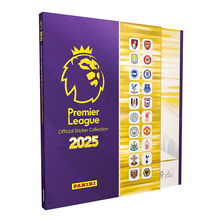 Premier League 2025 Official Sticker Collection album featuring team logos and Panini branding.