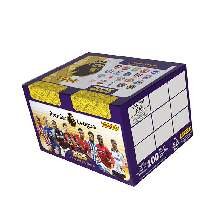 Premier League 2025 Panini sticker collection box featuring team logos and player images, ideal for collectors.