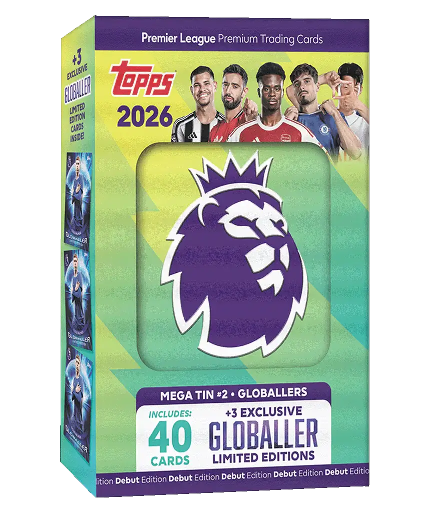 Topps Premier League 2026 Mega Tin featuring 40 cards and 3 exclusive Globaller limited editions.